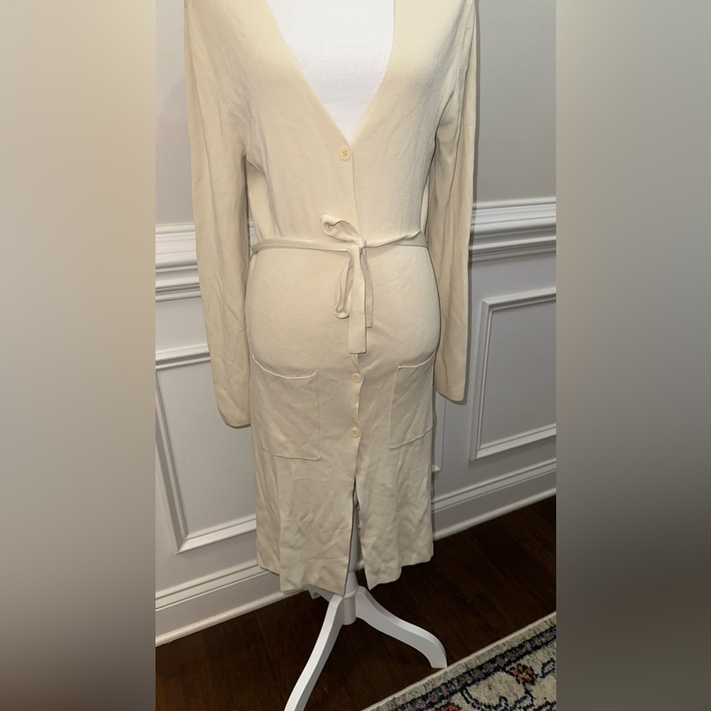 Max Studio Button Down Stretchy Ivory Long Cardigan sz L - Picture 2 of 8